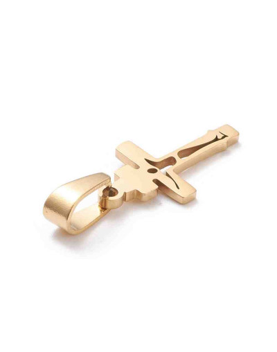 Cruz. Acero inoxidable. Color dorado. 21x12x1,5 milímetros. 3,5x7 mm cierre collar. 1 unidad.