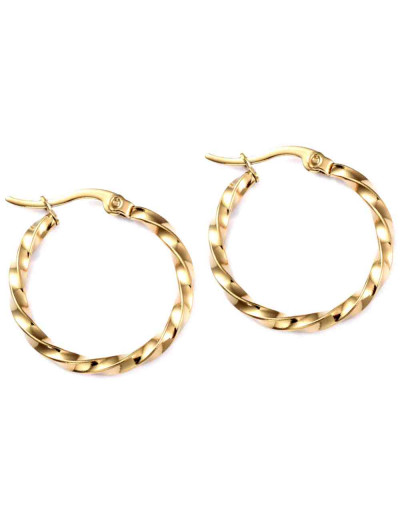 Aretes de aro. Twist (2). Acero inoxidable. Color dorado. 25 mm diámetro. 2,5 mm grosor. 1 par.