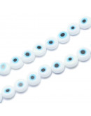 Ojo turco. Moneda. Color blanco. 8x4 milímetros. 1 mm perforación. 50 uds hilo (aproximado). Ojo turco. Moneda. Color blanco. 8x4 milímetros. 1 mm perforación. 50 uds hilo (aproximado).
