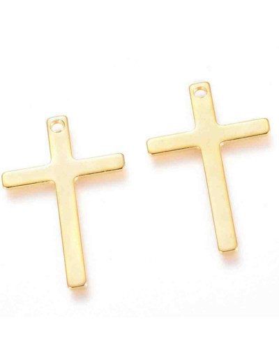 Cruz. Acero inoxidable. Color dorado. 25x16x0,9 milímetros. 1,4 mm perforación. 1 unidad. Cruz. Acero inoxidable. Color dorado. 25x16x0,9 milímetros. 1,4 mm perforación. 1 unidad.