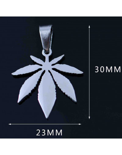 Hoja Cannabis. Acero inoxidable. Color plateado. 30x32 milímetros. 5x3 mm cierre collar. 1 unidad.