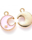 Luna-Estrella. Aleación de cobre y esmalte. Rosado y dorado. 16x13x2 mm. 1.5 mm perforación. 4 uds