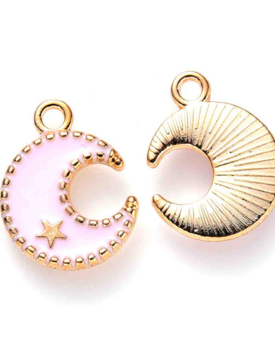 Luna-Estrella. Aleación de cobre y esmalte. Rosado y dorado. 16x13x2 mm. 1.5 mm perforación. 4 uds