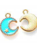 Luna-Estrella. Aleación de cobre y esmalte. Celeste y dorado. 16x13x2 mm. 1.5 mm perforación. 4 uds
