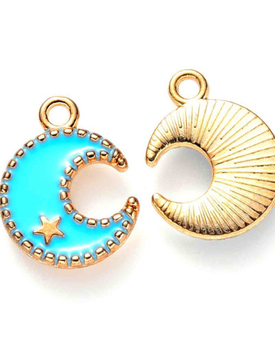 Luna-Estrella. Aleación de cobre y esmalte. Celeste y dorado. 16x13x2 mm. 1.5 mm perforación. 4 uds