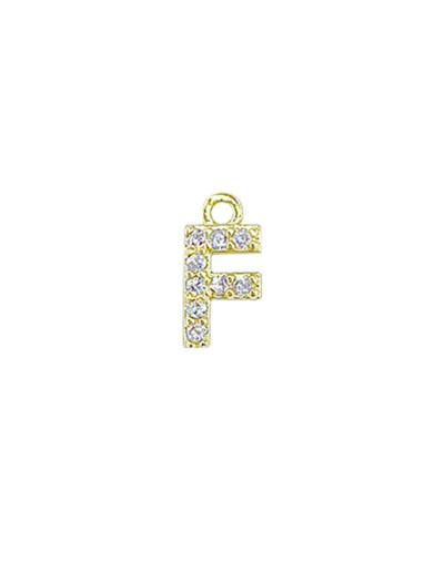 Letra "F". Aleación+Zirconia. Baño 18K Gold. 12 milímetros. 5 milímetros arandela. 1 unidad.