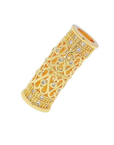 Tubo (3). Aleación Baño 18k Gold. Zirconia CLEAR. 25x9,5 milímetros. 6 mm perforación. 1 unidad.