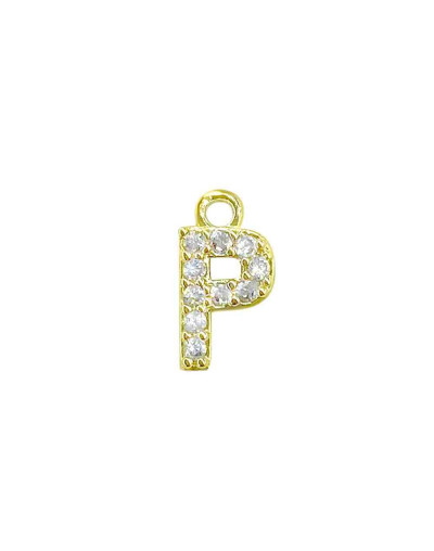 Letra "P". Aleación+Zirconia. Baño 18K Gold. 12 milímetros. 5 milímetros arandela. 1 unidad.