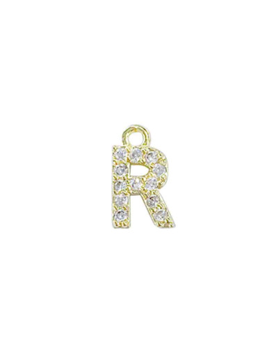 Letra "R". Aleación+Zirconia. Baño 18K Gold. 12 milímetros. 5 milímetros arandela. 1 unidad.
