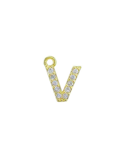 Letra "V". Aleación+Zirconia. Baño 18K Gold. 12 milímetros. 5 milímetros arandela. 1 unidad.