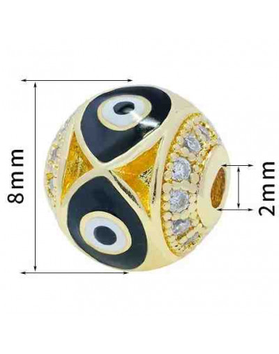 Esfera (3). Ojo turco BLACK. Aleación+Zirconia. Baño 18k gold. 8 mm diámetro. 2 mm perforación.