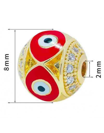 Esfera (3). Ojo turco RED. Aleación+Zirconia. Baño 18k gold. 8 mm diámetro. 2 mm perforación.