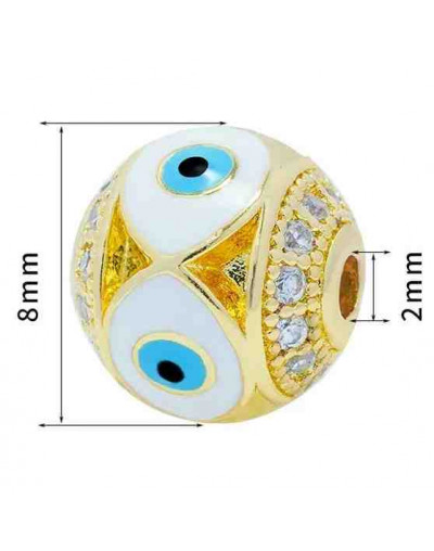 Esfera (3). Ojo turco WHITE. Aleación+Zirconia. Baño 18k gold. 8 mm diámetro. 2 mm perforación.