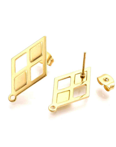Pin para aretes con cierre. Rombo. Acero inoxidable. Color dorado. Pin 24x13,5 milímetros. 2 uds.