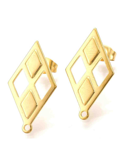 Pin para aretes con cierre. Rombo. Acero inoxidable. Color dorado. Pin 24x13,5 milímetros. 2 uds.