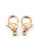 Cierre lobster. Acero inoxidable. Baño 24K Gold. 12x7x3,5 milímetros. 1,5 mm perforación. 5 uds.