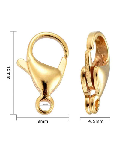 Cierre lobster. Acero inoxidable. Baño 24K Gold. 15x9x4,5 milímetros. 2 mm perforación. 5 uds.