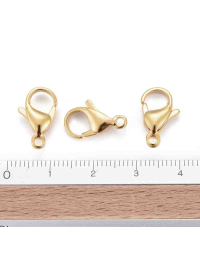 Cierre lobster. Acero inoxidable. Baño 24K Gold. 15x9x4,5 milímetros. 2 mm perforación. 5 uds.