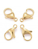 Cierre lobster. Acero inoxidable. Baño 24K Gold. 15x9x4,5 milímetros. 2 mm perforación. 5 uds.