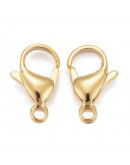 Cierre lobster. Acero inoxidable. Baño 24K Gold. 15x9x4,5 milímetros. 2 mm perforación. 5 uds.