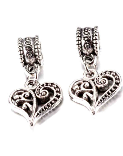 European Beads. Corazón (2). Aleación cobre. Color plata antigua. 25 mm. 4,5 mm perforación. 2 uds.