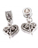 European Beads. Corazón (2). Aleación cobre. Color plata antigua. 25 mm. 4,5 mm perforación. 2 uds.