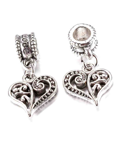 European Beads. Corazón (2). Aleación cobre. Color plata antigua. 25 mm. 4,5 mm perforación. 2 uds.