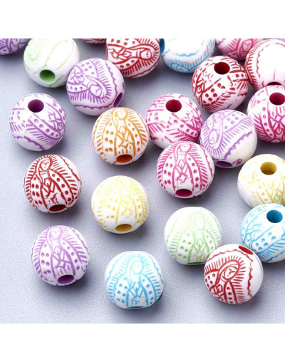 Religión: Virgen María. Esfera blanca. Varios colores. 8 mm diámetro. 2 mm perforación. 50 ud aprox.