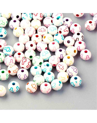 Religión: Cruz varios colores. Esfera blanca. 8 mm diámetro. 2 mm perforación. 50 uds aproximado.