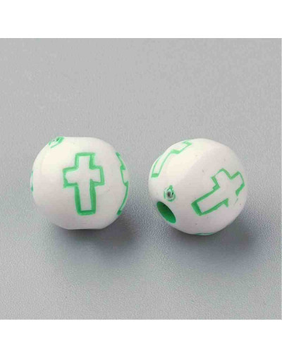 Religión: Cruz varios colores. Esfera blanca. 8 mm diámetro. 2 mm perforación. 50 uds aproximado.