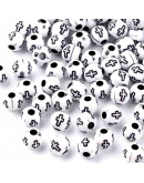 Religión: Cruz negra. Esfera blanca. 6 milímetros diámetro. 2 mm perforación. 100 uds aproximado.