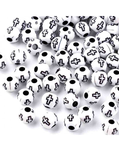 Religión: Cruz negra. Esfera blanca. 6 milímetros diámetro. 2 mm perforación. 100 uds aproximado.