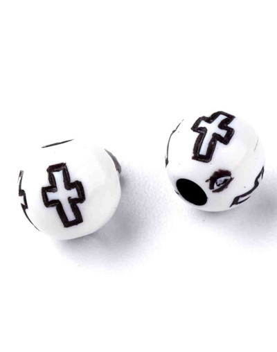 Religión: Cruz negra. Esfera blanca. 6 milímetros diámetro. 2 mm perforación. 100 uds aproximado.