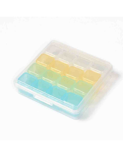 Organizador. 16 divisiones/box. 11,2x11,4x2,8 centímetros. Box: 2,4x2,5x2,3 cm. 1 set. Organizador. 16 divisiones/box. 11,2x11,4x2,8 centímetros. Box: 2,4x2,5x2,3 cm. 1 set.