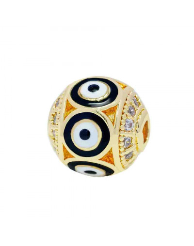 Esfera (2). Ojo turco BLACK. Aleación+Zirconia. Baño 18k gold. 10 mm diámetro. 2 mm perforación.