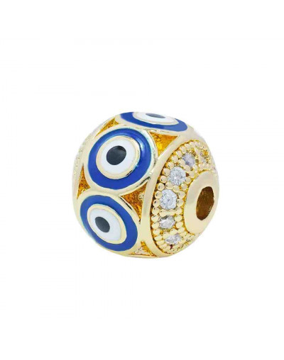 Esfera (2). Ojo turco BLUE. Aleación+Zirconia. Baño 18k gold. 10 mm diámetro. 2 mm perforación.