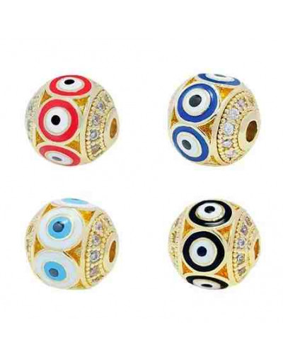 Esfera (2). Ojo turco BLUE. Aleación+Zirconia. Baño 18k gold. 10 mm diámetro. 2 mm perforación.