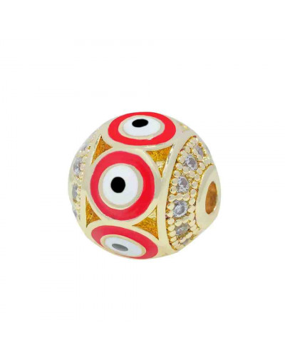 Esfera (2). Ojo turco RED. Aleación+Zirconia. Baño 18k gold. 10 mm diámetro. 2 mm perforación.