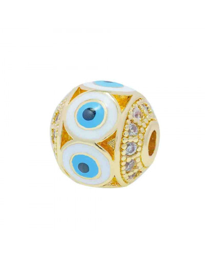 Esfera (2). Ojo turco WHITE. Aleación+Zirconia. Baño 18k gold. 10 mm diámetro. 2 mm perforación.