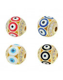 Esfera (2). Ojo turco WHITE. Aleación+Zirconia. Baño 18k gold. 10 mm diámetro. 2 mm perforación. Esfera (2). Ojo turco WHITE. Aleación+Zirconia. Baño 18k gold. 10 mm diámetro. 2 mm perforación.