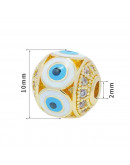 Esfera (2). Ojo turco WHITE. Aleación+Zirconia. Baño 18k gold. 10 mm diámetro. 2 mm perforación. Esfera (2). Ojo turco WHITE. Aleación+Zirconia. Baño 18k gold. 10 mm diámetro. 2 mm perforación.