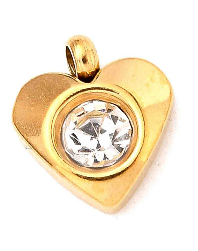Corazón. Acero inoxidable+Rhinestone. Color dorado+cristal. 8x7x3 milímetros. 1 mm perforación. 1 ud