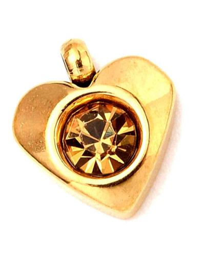 Corazón. Acero inoxidable+Rhinestone. Color dorado+Topacio. 8x7x3 milímetros. 1 mm perforación. 1 ud