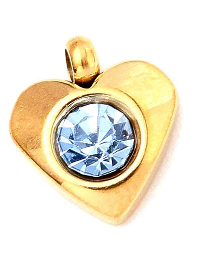 Corazón. Acero inoxidable+Rhinestone. Color dorado+Shapphire. 8x7x3 mm. 1 mm perforación. 1 ud