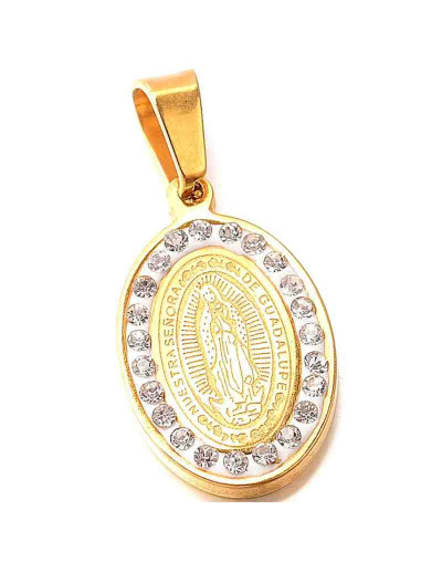Virgen de Guadalupe. Acero inoxidable + Rhinestone. 21x13x2,5 mm. 4x6 mm cierre. 1 unidad.