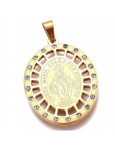 Virgen María. Acero inoxidable + Rhinestone. 33x25x2 milímetros. 4x6 mm cierre. 1 unidad.