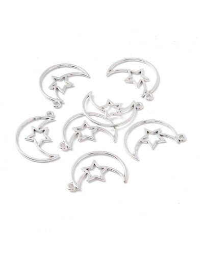 Luna+Estrella. Aleación de cobre. Color plateado. 35x25x2 milímetros. 1,8 mm perforación. 4 unidades