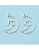 Luna+Estrella. Aleación de cobre. Color plateado. 35x25x2 milímetros. 1,8 mm perforación. 4 unidades