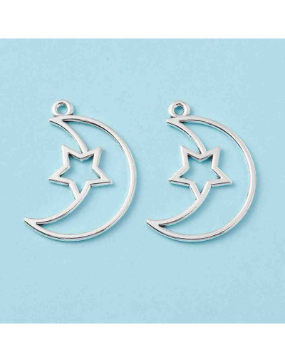 Luna+Estrella. Aleación de cobre. Color plateado. 35x25x2 milímetros. 1,8 mm perforación. 4 unidades