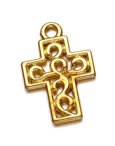 Cruz. Aleación de cobre. Color dorado. 18x12x2 milímetros. 1 mm perforación. 10 unidades.